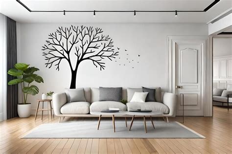 Premium Photo | A living room with a tree on the wall