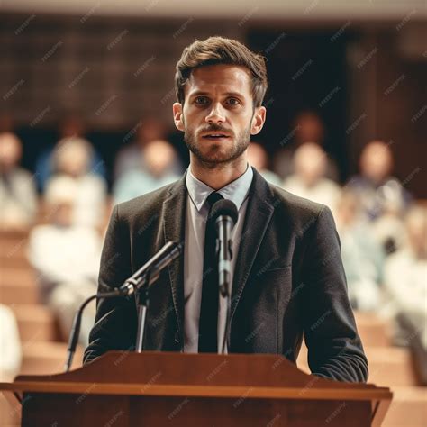 premium ai image  man  giving  speech   podium  people