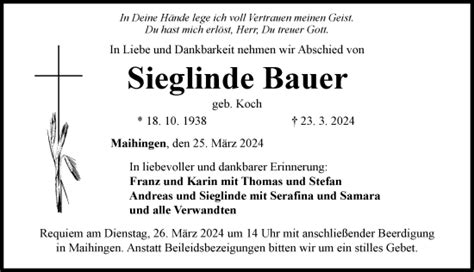 Traueranzeigen Von Sieglinde Bauer Augsburger Allgemeine Zeitung