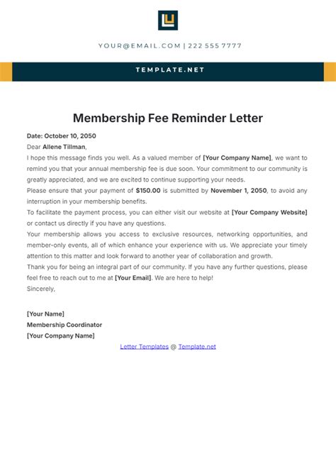 Free Membership Fee Reminder Letter Template to Edit Online