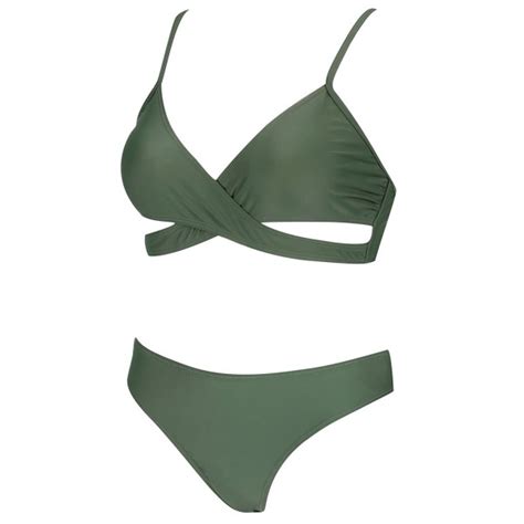 Sexy Green Solid V Neck Cut Out Wrap Bikini Bathing Suits For Women Green CG TUIDM
