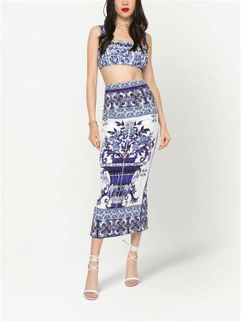 Dolce And Gabbana Majolica Print Pencil Skirt Blue Farfetch