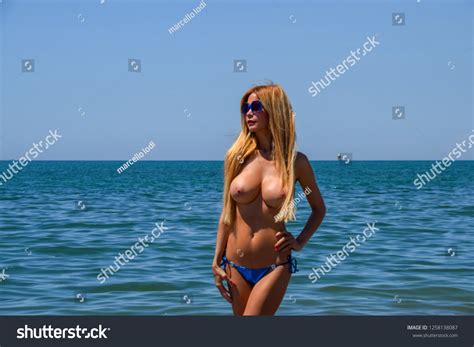 Sexy Blonde Model Blue Micro Bikini Stock Photo 1258138087 Shutterstock