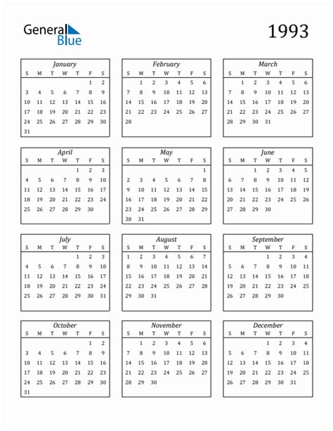 Free 1993 Calendars in PDF, Word, Excel