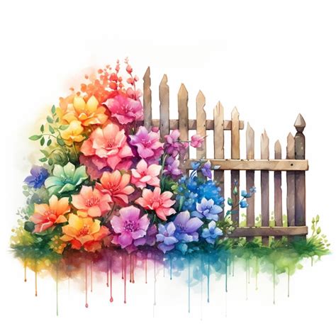 Premium AI Image | Painting of a fence with flowers and a wooden fence ...