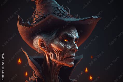 Ugly old witch with yellow glowing eyes on black background, Generative ...