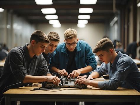 Premium AI Image A Group Of Male Students Sit Huddled Around A Table