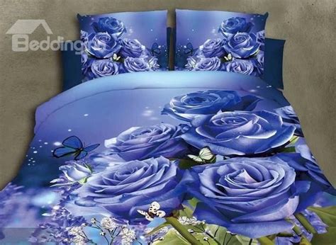 Graceful Blue Roses Print 4 Piece Polyester Duvet Cover Sets Rose