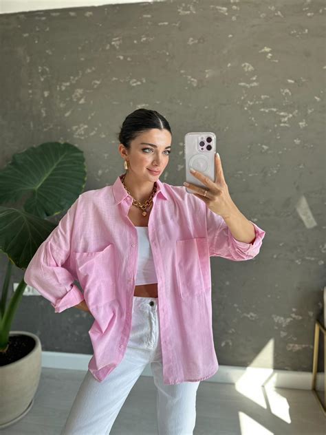 Pembe Oversize Lena Keten Gömlek