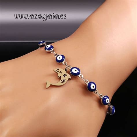 Pulsera Acero Ojo Turco Con Dije Delf N Colgando Acero Y Cristal De