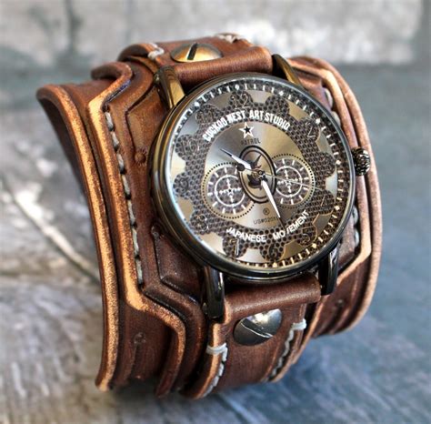 Men S Leather Watch Leather Watch Cuff Leather Bracelet Etsy