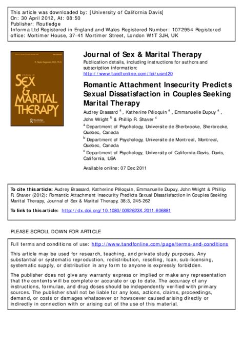 Pdf Romantic Attachment Insecurity Predicts Sexual Dissatisfaction In Couples Seeking Marital