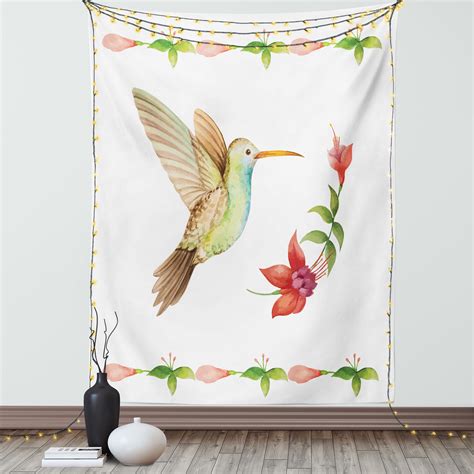 Hummingbird Tapestry Hummingbird Flying Over A Fuchsia Flower Stem