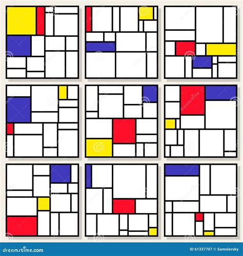 Set of Nine Vector Square Compositions in Piet Mondrian De Stijl Style ...