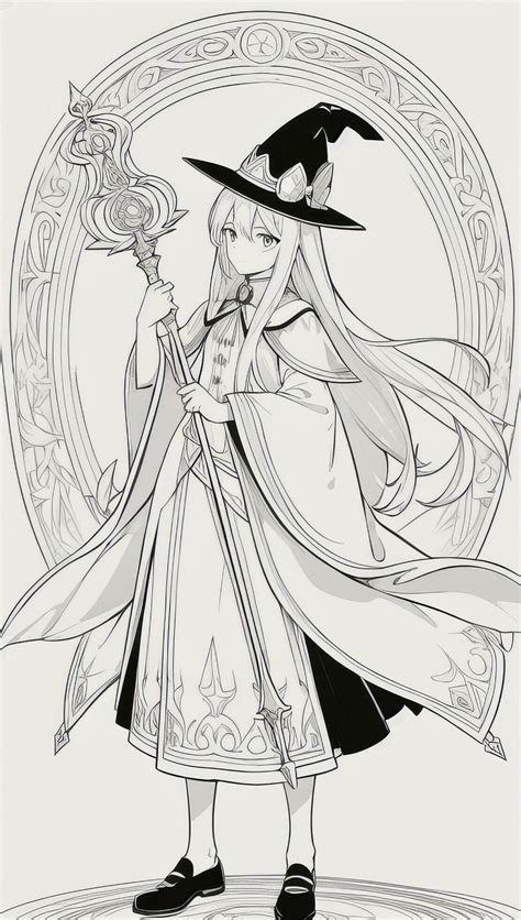 AI generated Anime Wizard Girl Line Art Drawing Sketch Black and White ...