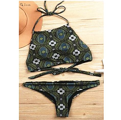 Fashion Retro Geometry Green Print High Neck Back Knot Two Piece Bikini