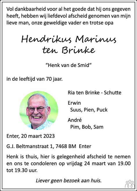 Hendrikus Marinus Henk Ten Brinke Overlijdensbericht En