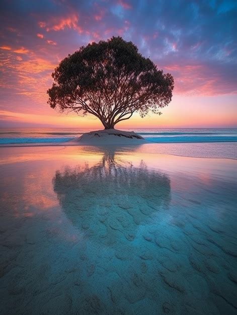 Premium Ai Image A Tree Is Reflected In The Water At Sunset