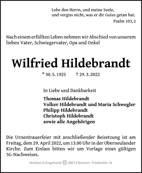 Traueranzeigen Von Wilfried Hildebrandt Trauer Gedenken