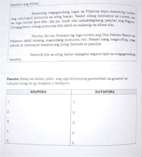 Panuto Batay Sa Teksto Piliin Ang Mga Kohesyong Gramatikal Na