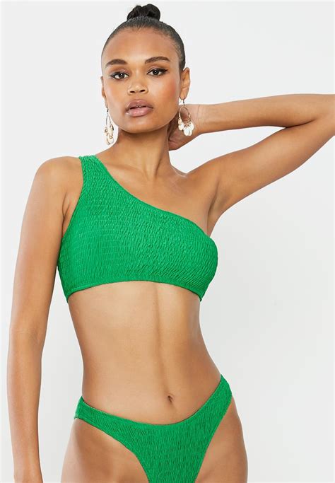 Crinkle One Shoulder Bikini Top Green Missguided Bikinis