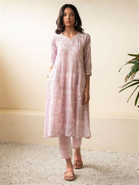 Buy Pink Hand Block Printed Cotton Kurta With Pants Set Of P