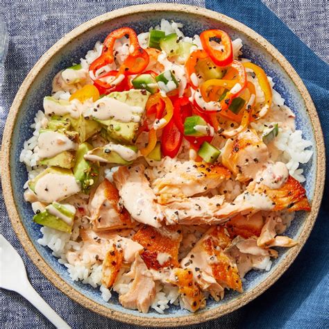 Recipe Salmon And Avocado Rice Bowls With Marinated Vegetables And Spicy Mayo Blue Apron