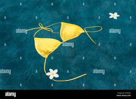 Yellow Bikini Top Floating In Pool With Plumeria Flowers Stock Photo Alamy