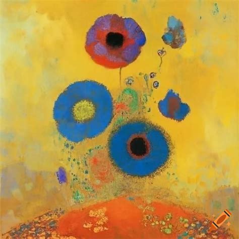 Geometric Poppies Painting Inspired By Odilon Redon And Gustav Klimt On