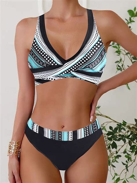 Women S Swimwear Bikini 2 Piece Cheeky Swimsuit Backless Slim Vacation Beach Wear Color Block V