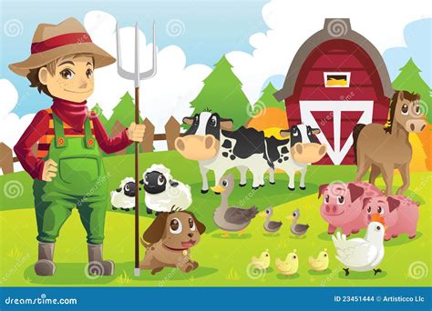 Granjero En La Granja Con Los Animales Ilustración del Vector - Ilustración de país, gallina ...