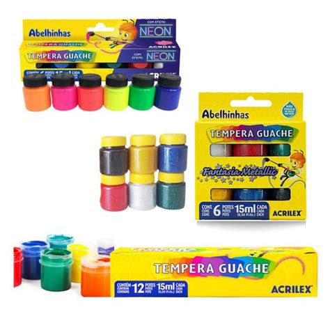 Kit Tinta Guache Tempera 24 Cores Acrilex Básica Glitter Neon Escolar