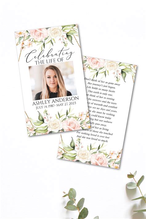 Editable Pink Roses Funeral Prayer Card Template Printable Memorial Prayer Card Template Blush