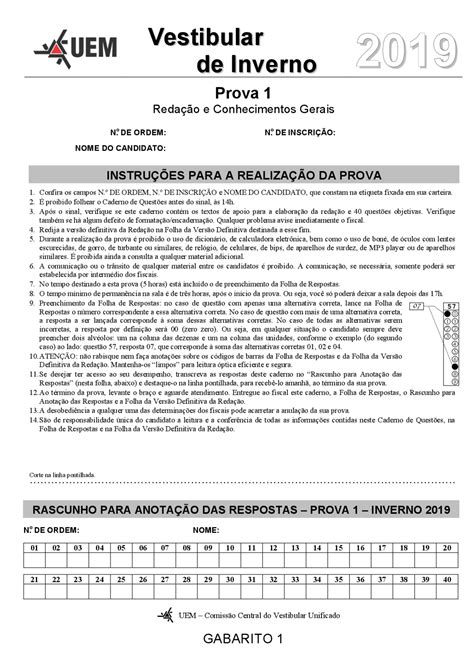 Prova Uem Oficial 2019 Provas Vestibulares Docsity