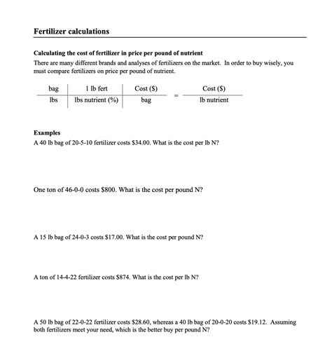 Solved Fertilizer Calculations Calculating The Cost Of