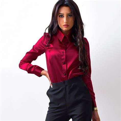 2018 Fashion Women Silk Satin Blouses Green Wine Red Shirts Button Lapel Long Sleeve Office Work