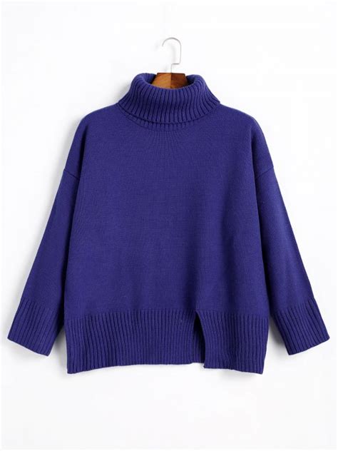 Slit Oversized Turtleneck Sweater In Royal Zaful 2024