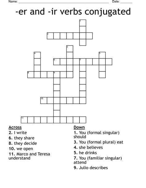 Er And Ir Verbs Conjugated Crossword Wordmint