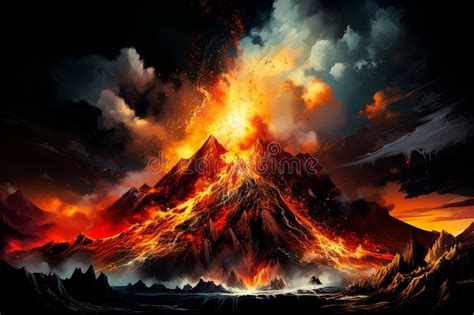 Volcanic Eruption with Rivers of Lava, Fire and Smoke. Stock Image ...