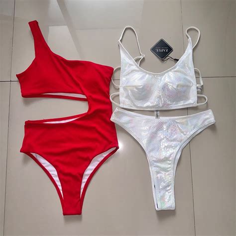 Shein Red One Piece And Zaful Holographic Mermaid White Bikini Women S