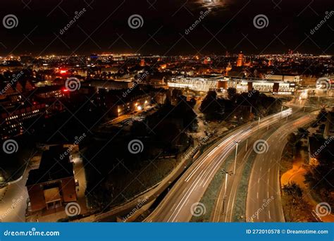 Top Down View To Road. Romantic Night Aerial Photo of Cars Traveling ...