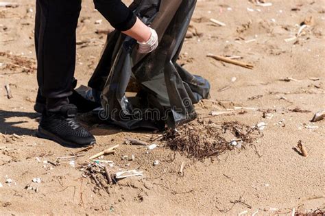 Vista De Cerca De Voluntarios Recogiendo Basura En La Playa Concepto