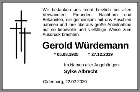 Traueranzeigen von Gerold Würdemann nordwest trauer de