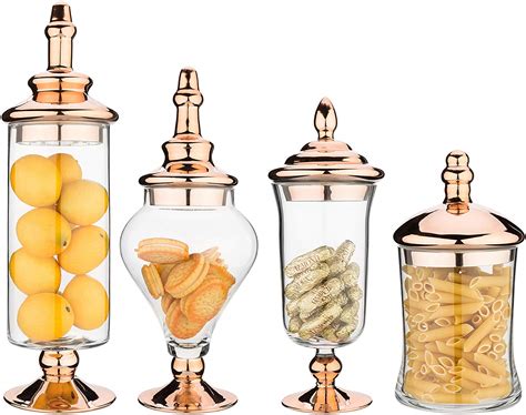 Myt 4 Pcs Clear Glass Apothecary Jars With Metallic Copper Tone Lids