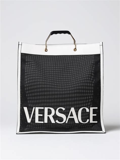 Versace Outlet: bag in mesh fabric and leather - Black | Versace bags ...