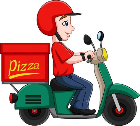 Dibujos Animados De Repartidor De Pizza Montando Una Moto Vector Premium