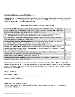 Fillable Online Mtu Untaxed Income Worksheet Parent S