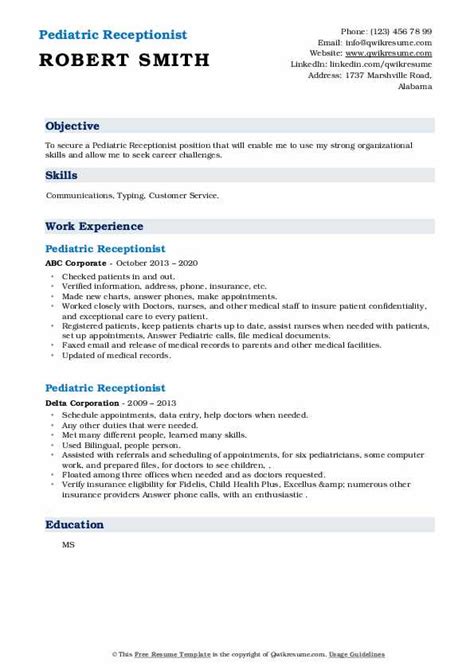 Pediatric Receptionist Resume Samples Qwikresume