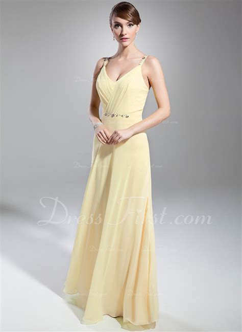 A Line Princess V Neck Floor Length Chiffon Evening Dress With Ruffle