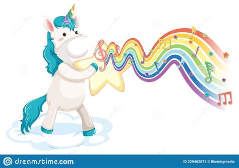 Unicorn Standing On The Cloud With Melody Symbols On Rainbow Wave Stock